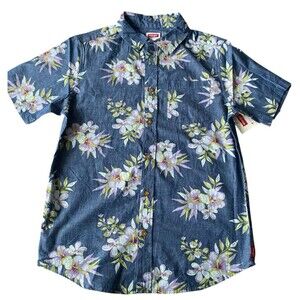 Wrangler Boys 14/16 Hawaiian Floral Button Down Shirt Blue Short Sleeve NWT